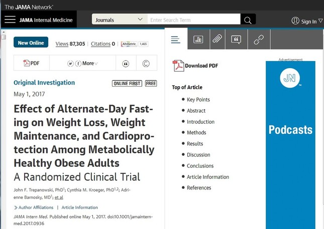 「1日おき断食」の実験報告結果が掲載された「JAMA Internal Medicine」
