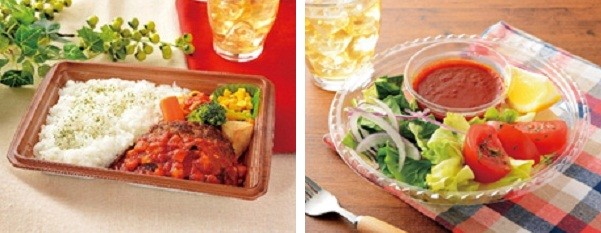 「ピリ辛トマトソースの鉄板焼ハンバーグ弁当」(左)と6月13日発売の高
リコピントマトの冷製生パスタ」（税込498円）
