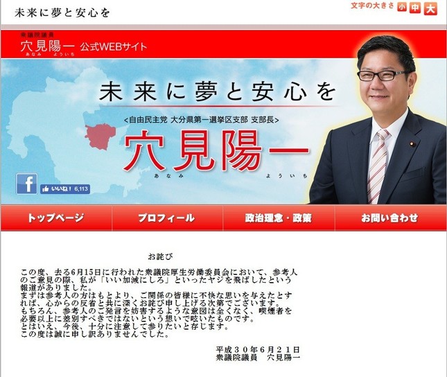 穴見陽一氏は議員サイトでヤジを謝罪