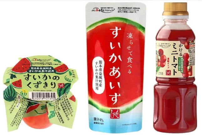 益城町特産品開発プロジェクトで生まれた人気商品（左から「すいかのくずきり」、「凍らせて食べる　すいかあいす」、「かけるミニトマト」）