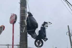 台風6号の影響？電柱からバイク釣り下がる写真拡散　宜野湾市役所が「真偽確認中」