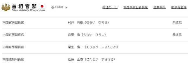 第2次岸田第2次改造内閣 閣僚名簿。首相官邸の公式サイトから
