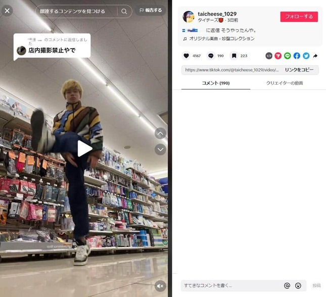 タイチーズさんのTikTok（taicheese_1029）より