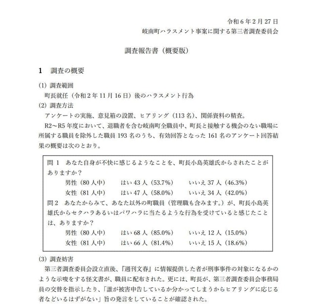 岐南町ハラスメント事案に関する第三者調査委員会による調査報告書（令和6年2月27日）