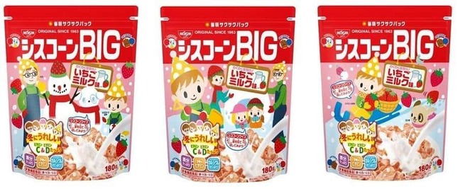 「ママ」が正面を向いているパッケージ（「シスコーン BIG　いちごミルク味」、現在は販売終了。日清シスコリリースより）