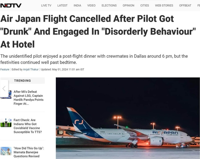 インドのテレビ局、NDTVのサイトにはAirJapan機の写真が載った