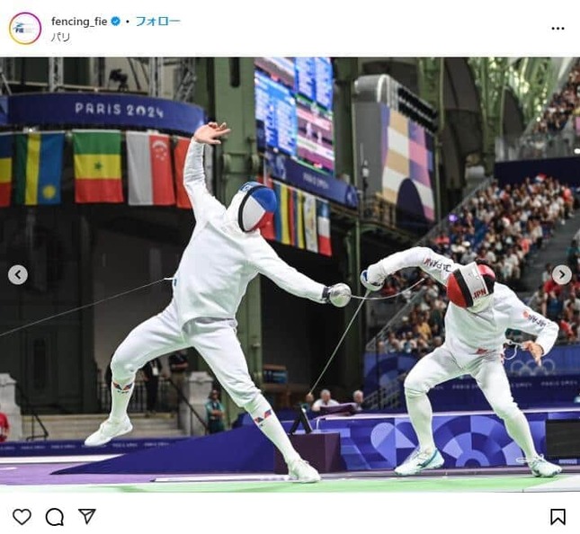 男子エペ団体、日本対チェコ戦。国際フェンシング連盟のパリ五輪用インスタグラム（＠fencing_fie）より