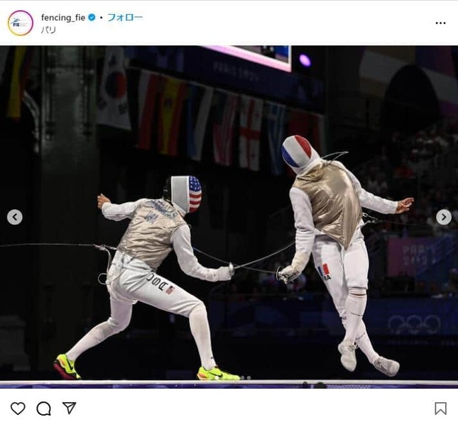 男子フルーレ団体、フランス対アメリカ戦。国際フェンシング連盟のパリ五輪用インスタグラム（＠fencing_fie）より