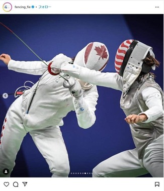 女子フルーレ団体、アメリカ対カナダ戦。国際フェンシング連盟のパリ五輪用インスタグラム（＠fencing_fie）より