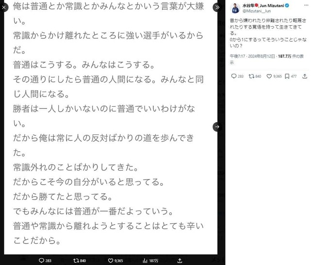 水谷隼氏がXで展開した持論