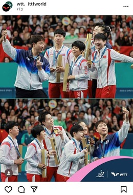 北朝鮮で問題視された「自撮り」シーン（ITTFインスタグラムより）