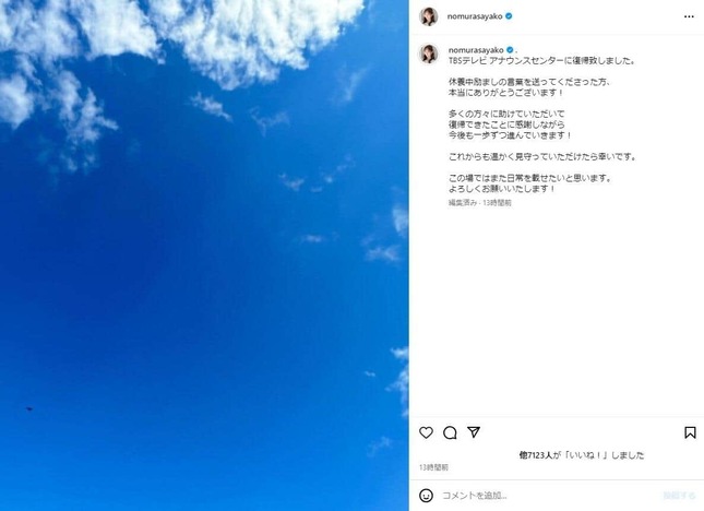 野村彩也子アナウンサーのインスタグラムより（nomurasayako／一部加工）