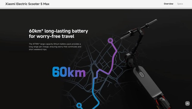 『Xiaomi Electric Scooter 5 Max』のウェブサイトより