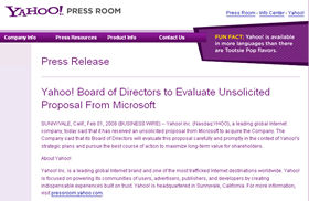 米Yahoo!のホームページには「ヤフー取締役会はマイクロソフトからの提案を検討する」との声明が掲載された