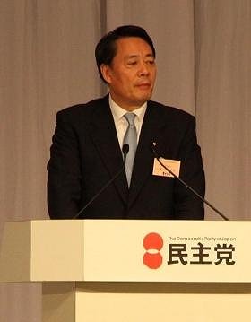 代表選で演説する海江田万里氏。決戦投票で敗れた