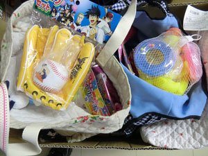 子どもたちに届けたおもちゃの数々。バッグは全国の方々の手作りです