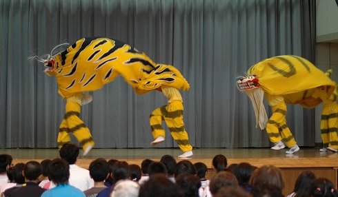 発表会では「吉里吉里虎舞」が勇壮に舞われた＝2013年7月10日、大槌町立吉里吉里中学校の体育館