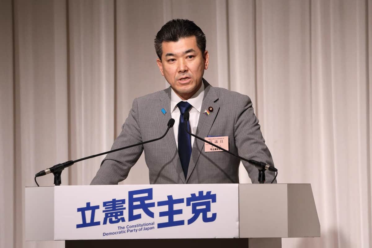 立憲民主党の泉健太代表。あいさつの中で「皆さん、政権交代を目指していきましょう！」と訴えた
