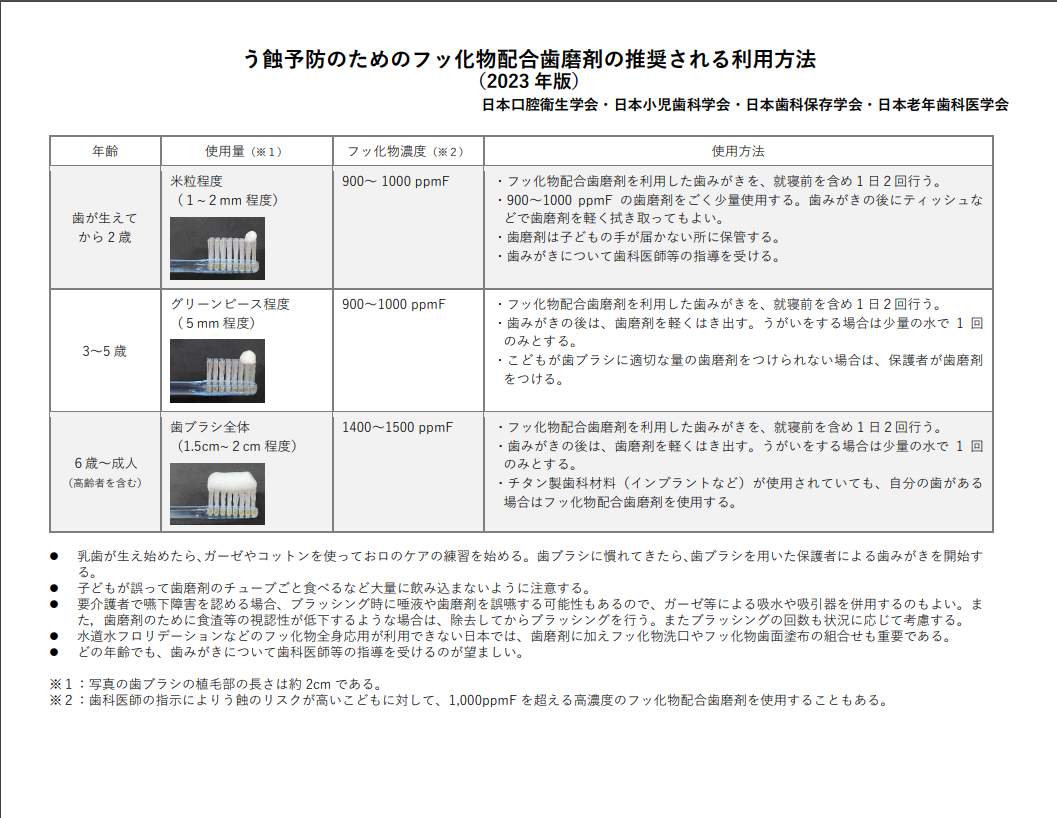 「う蝕予防のためのフッ化物配合歯磨剤の推奨される利用方法」（日本口腔衛生学会公式サイトより）