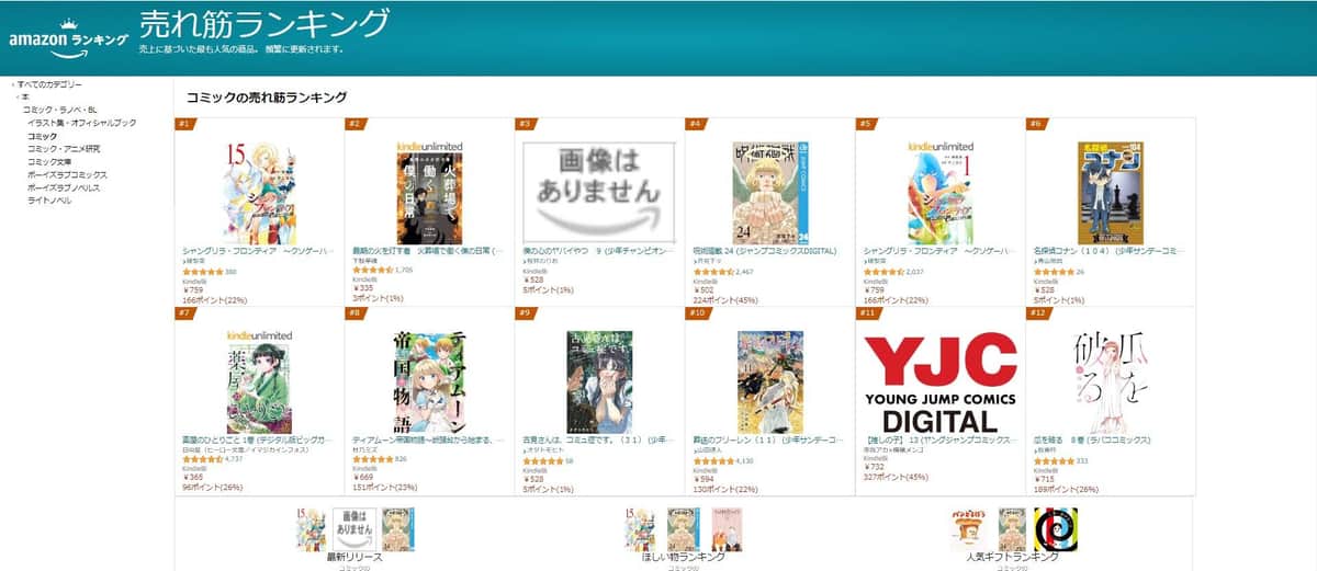 amazonのコミックの売れ筋ランキング（amazonより）