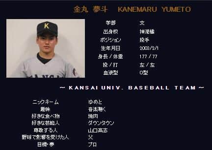 金丸夢斗のプロフィールページ（関西大学野球部ウェブサイトから）