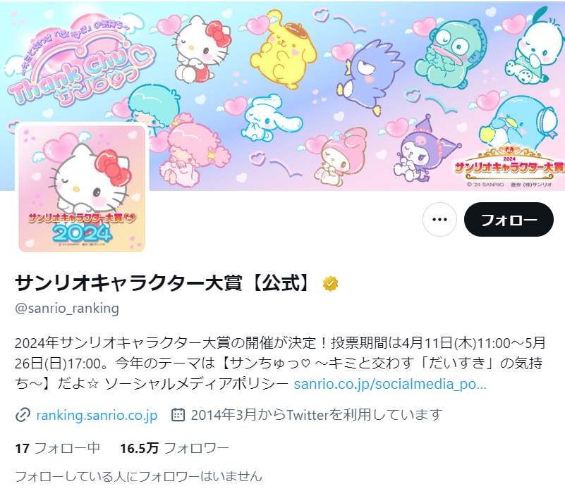 サンリオキャラクター大賞公式Xアカウントより（@sanrio_ranking）