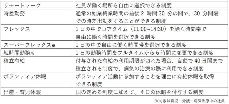 三谷産業の「その他の働きやすさ向上につながる主な制度」（三谷産業のリリースより）