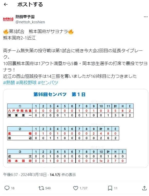 第1日目結果（熱闘甲子園Xより）