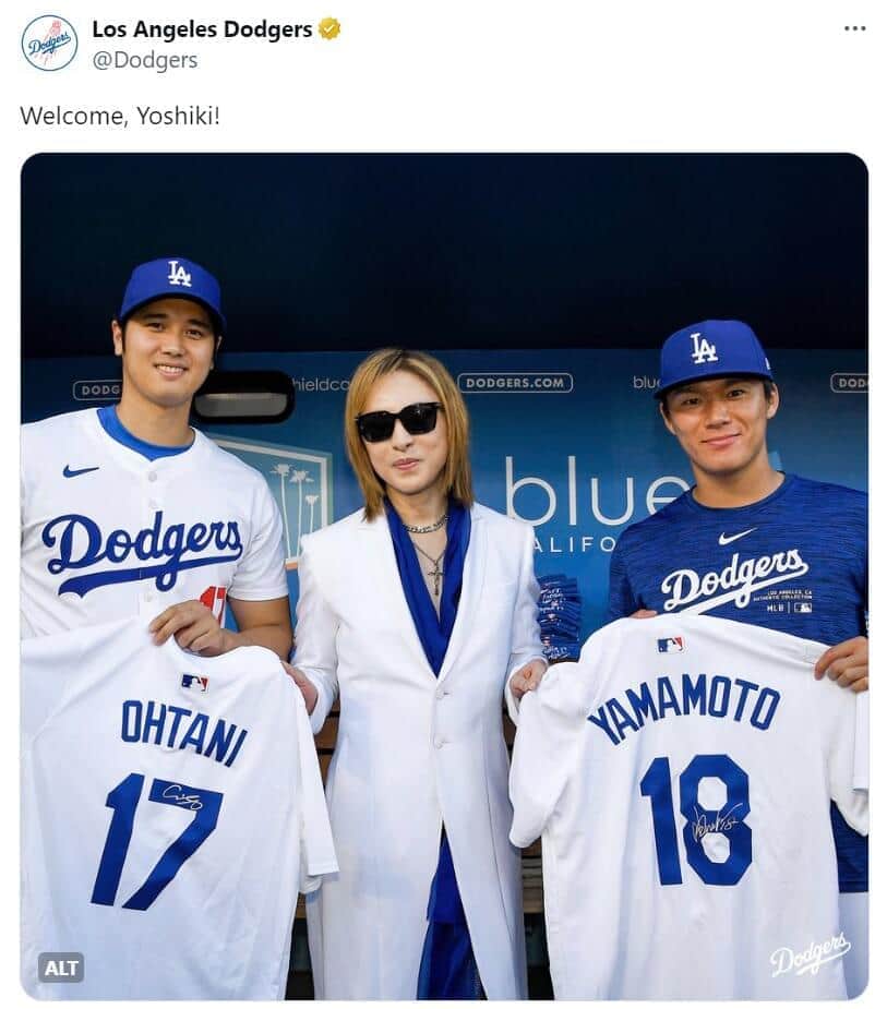 大谷選手、YOSHIKIさん、山本投手（ドジャース公式Xより）