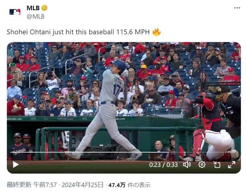 115.6マイルの二塁打を放った大谷選手（MLB公式Xより）