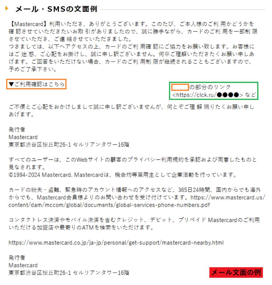 メール・SMSの文面例（フィッシング対策協議会公式サイトより）