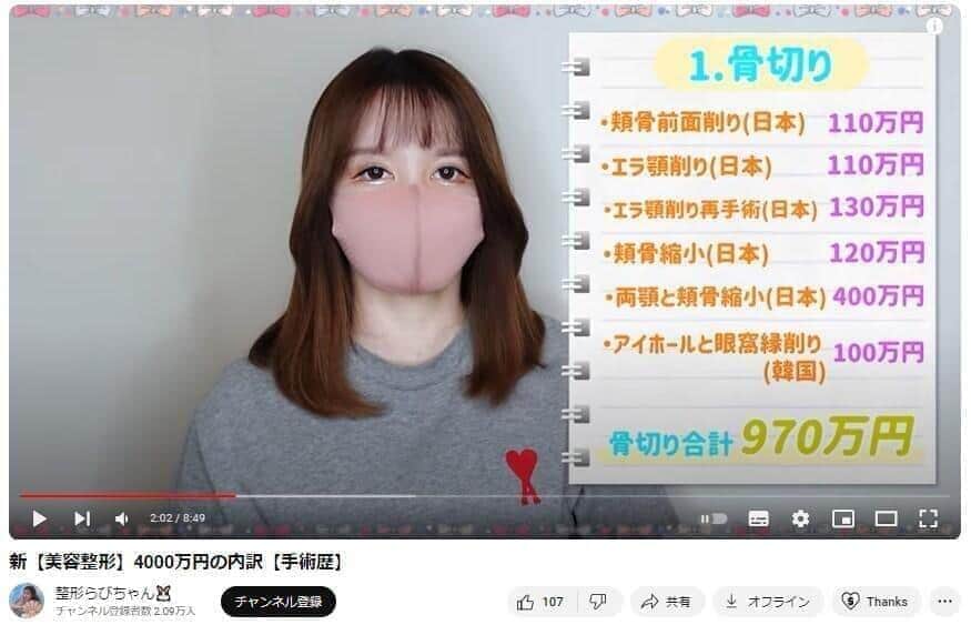 整形額の内訳の一部、YouTubeチャンネル「整形らびちゃん」で2023年12月19日に公開された動画より