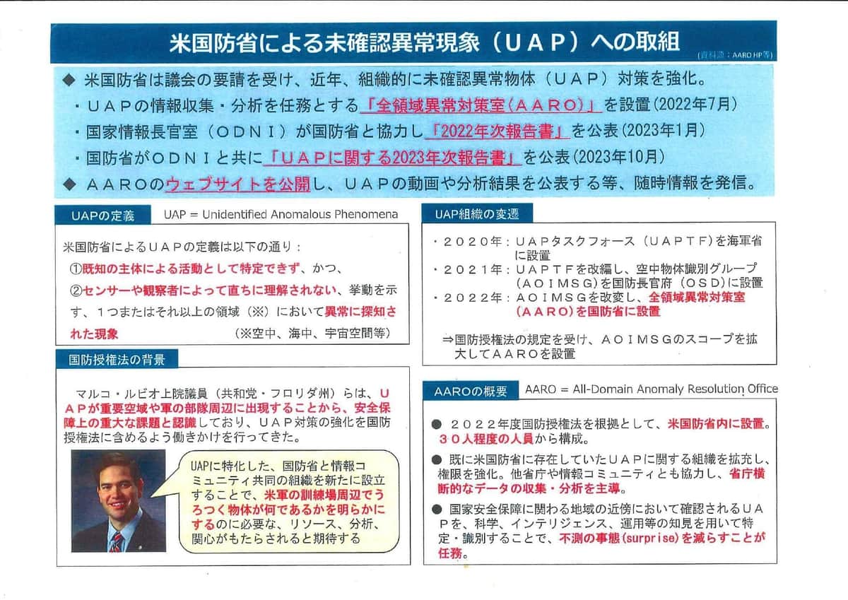 防衛省がまとめたUAPに関する資料。議連の発起人会で配られた