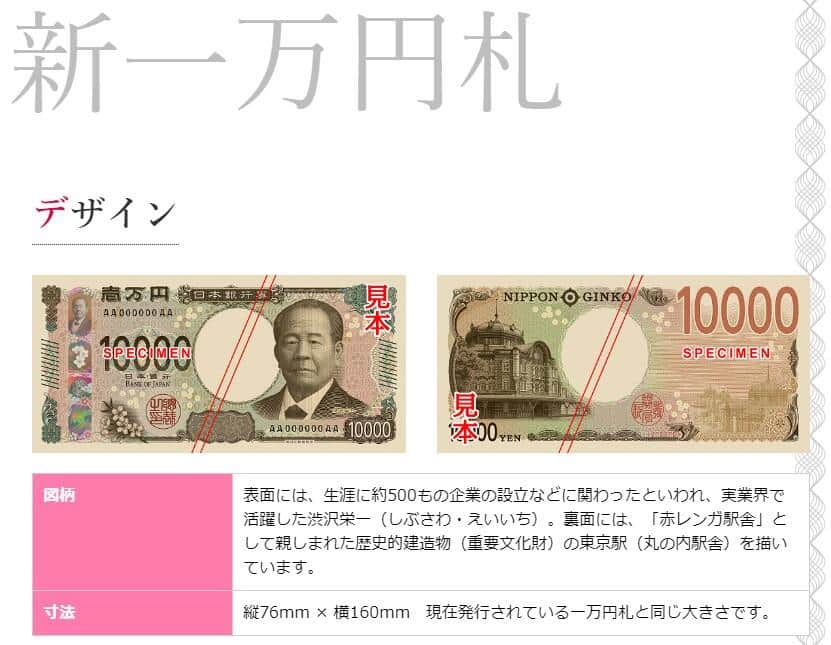 国立印刷局の「新しい日本銀行券特設サイト」より