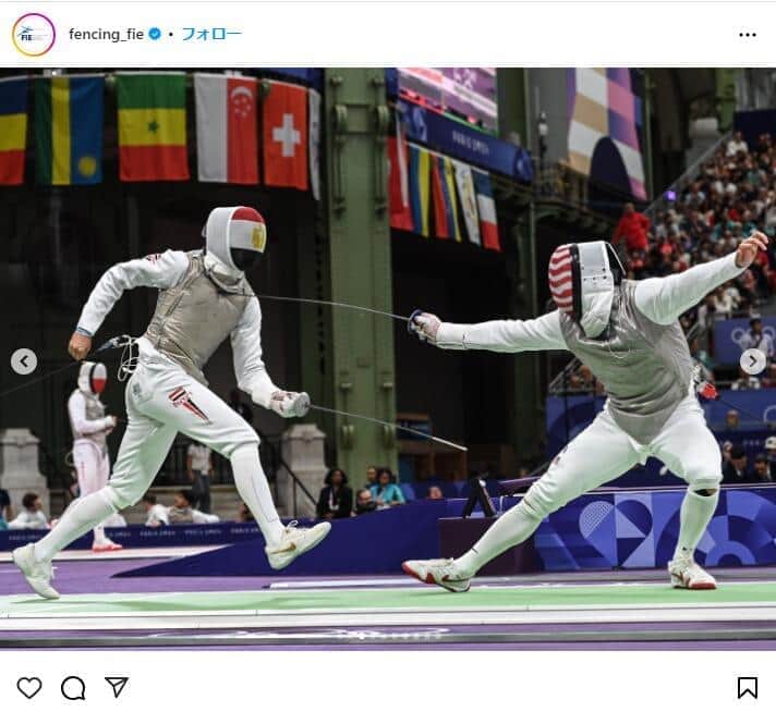 男子フルーレ団体、アメリカ対エジプト戦。国際フェンシング連盟のパリ五輪用インスタグラム（＠fencing_fie）より