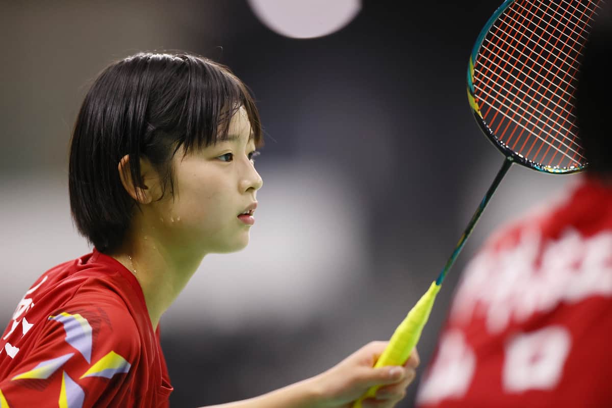 田口真彩選手。2021年バドミントン全日本総合女子ダブルス1回戦（写真：アフロスポーツ）