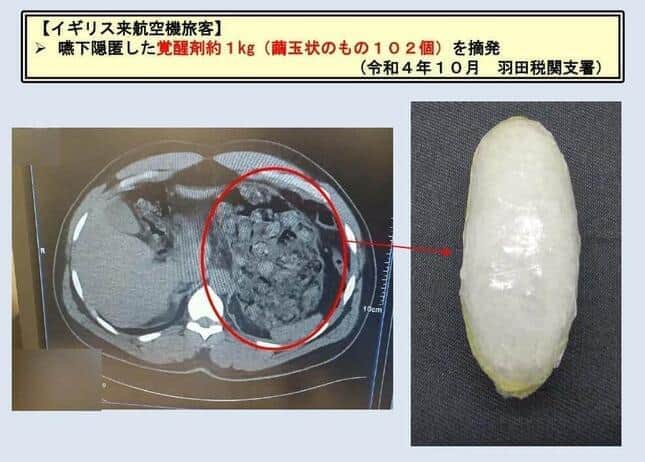 覚せい剤のカプセルを102個も飲み込んで密輸しようとする事案も（写真は東京税関の発表から）