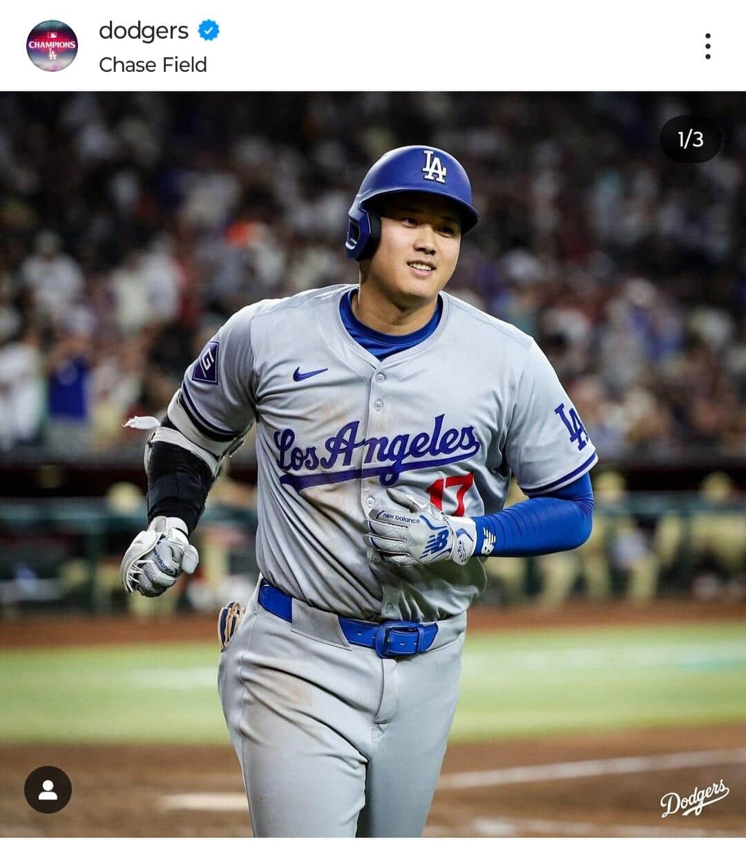 大谷翔平選手。ロサンゼルス・ドジャース公式インスタグラム（＠dodgers）より