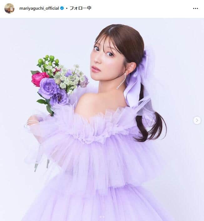 矢口真里、「花嫁さんみたい」圧巻の紫ドレス写真　「20代に見えます」「透明感ありまくり」