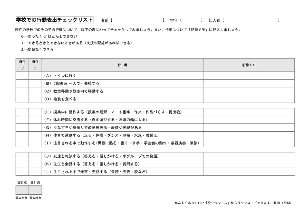 「学校での行動表出チェックリスト」。かんもくネットのホームページより