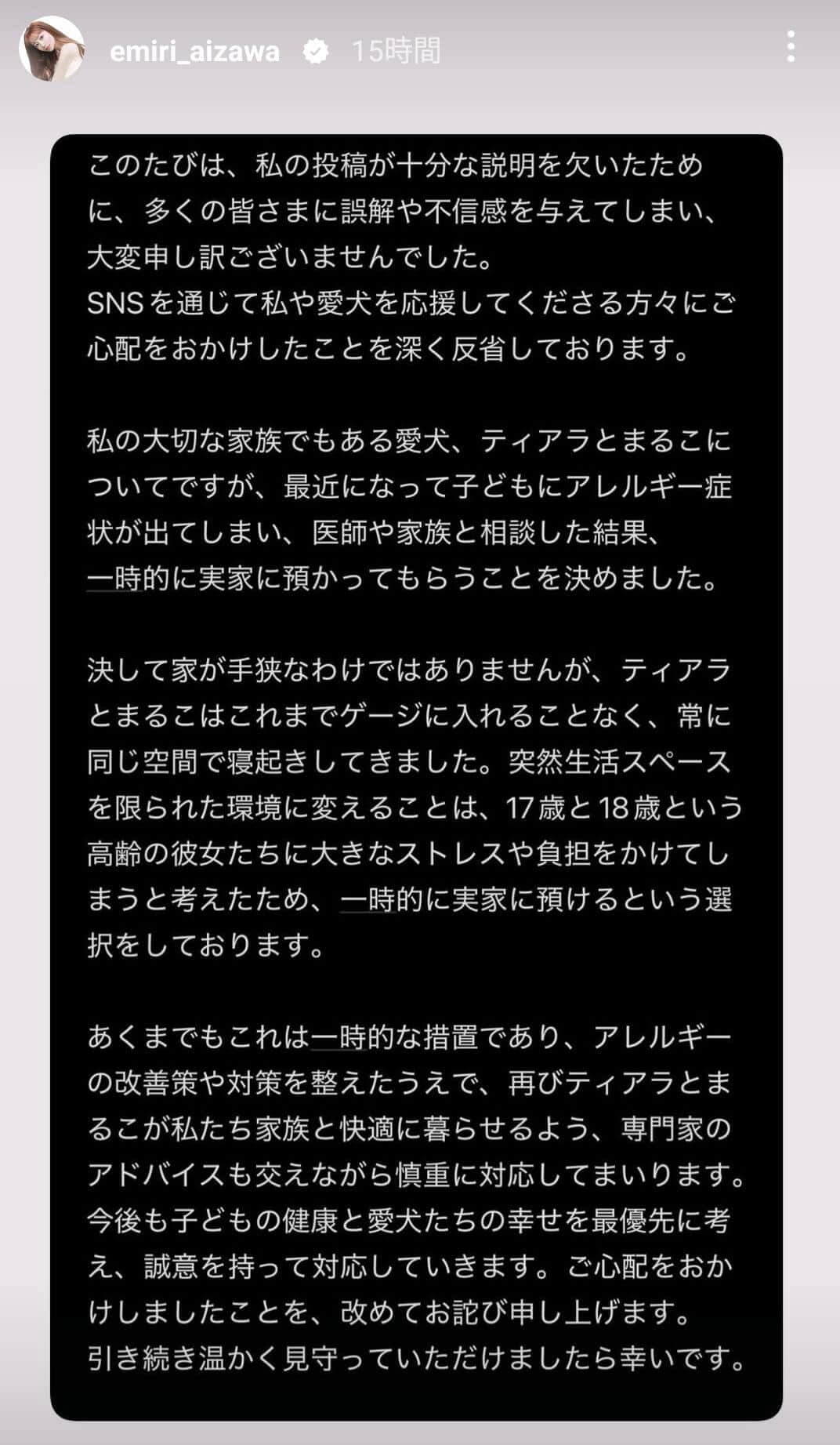 愛沢えみりさんのインスタグラム・ストーリーズより