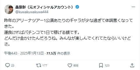 桑原彰さんのポスト。ギャラは「運良ければパチンコで1日で稼げる額です」。