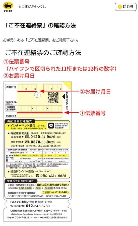 「ご不在連絡票」ヤマト運輸公式サイトより