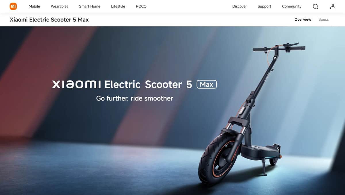 『Xiaomi Electric Scooter 5 Max』のウェブサイトより