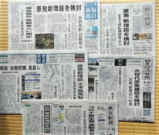 「原発新増設」の話題を1面に掲げる主要新聞