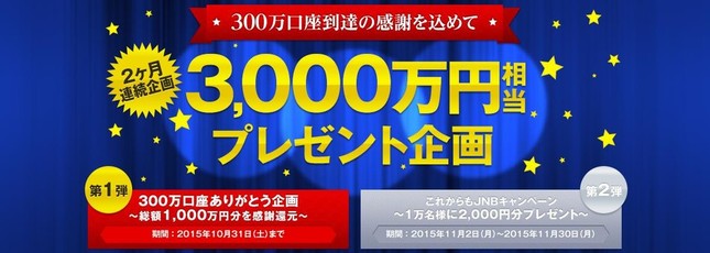 ジャパンネット銀行は総額3000万円相当をプレゼントするキャンペーンを実施する