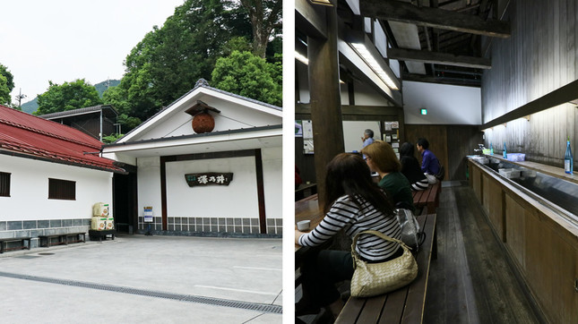 （写真左から）屋根の上にある茶色の玉は酒蔵のシンボルマーク「酒林（さかばやし）」、見学控え室は女性の姿が目につく